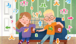 Tricia and Eddie dance in their living room, surrounded by colorful instruction symbols