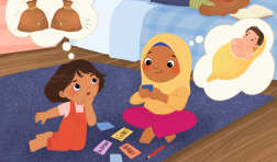 The three children from the "A Story to Remember" computer science activity are in their bedroom imagining stories. Each has a thought bubble with an idea: a giant, an infant, and four mysterious bags.