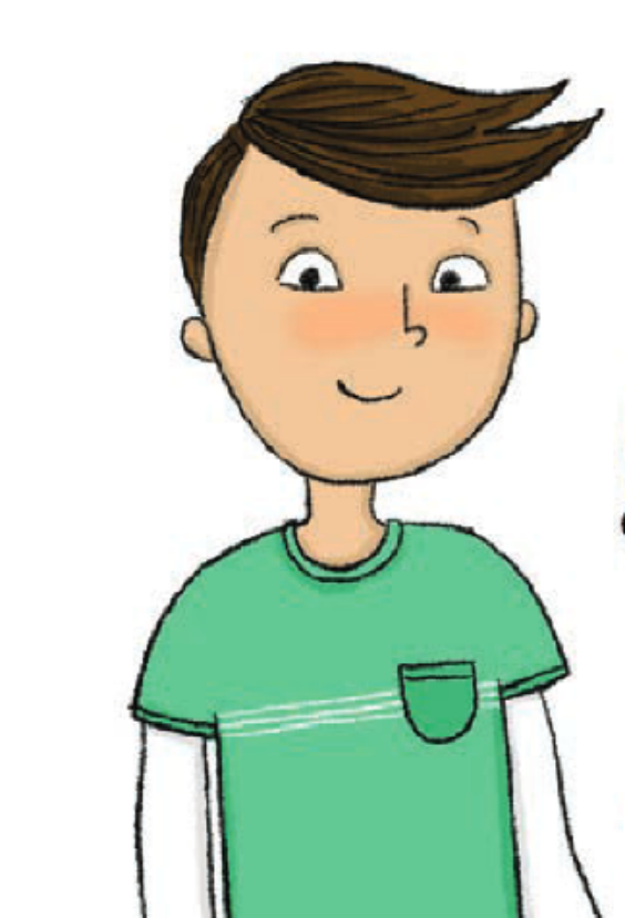 Cartoon drawing of Kenji, an Asian boy with brown bangs swooping to one side