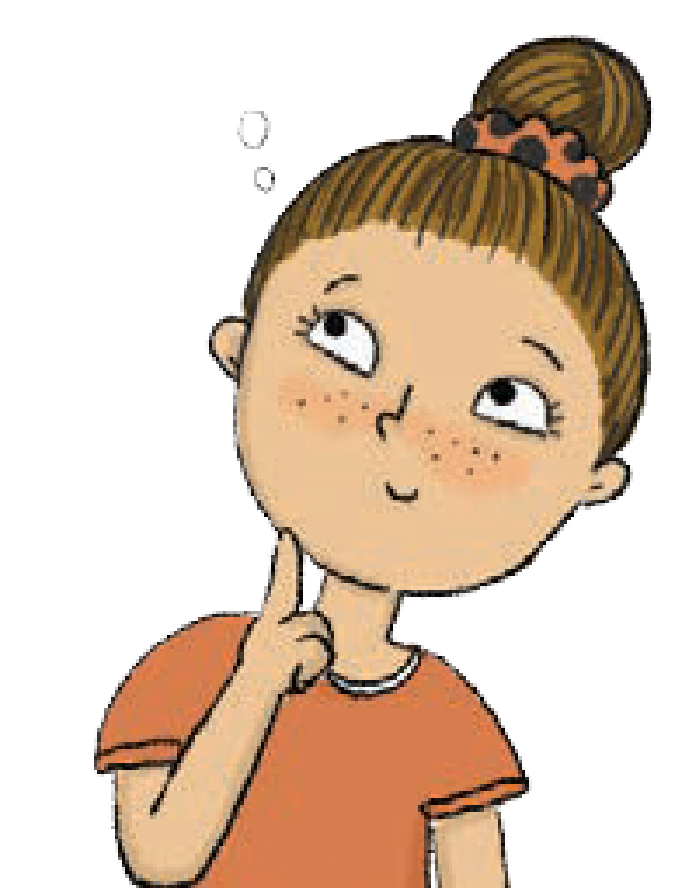 Cartoon drawing of Emi, a freckled girl with brown hair in a bun, smiles as she puts a finger to her chin, thoughtfully