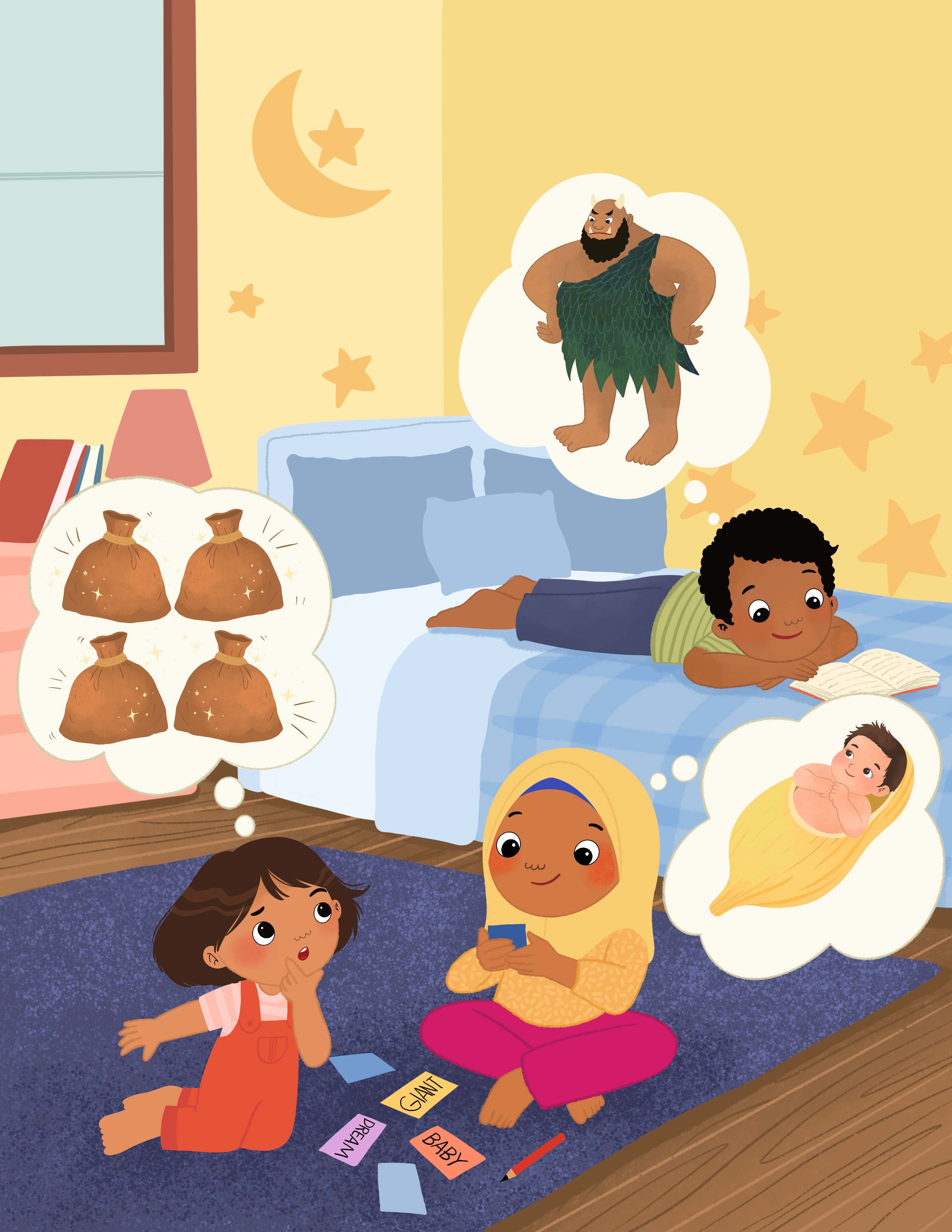 Three children in a bedroom. The youngest girl has light brown skin, is wearing red overalls and is imagining three magic bags. Another girl with medium brown skin, wearing a hijab and pink pants, is writing ideas on pieces of paper. A third boy with medium brown skin and a striped shirt is reading a book on a bed and thinking about a giant.