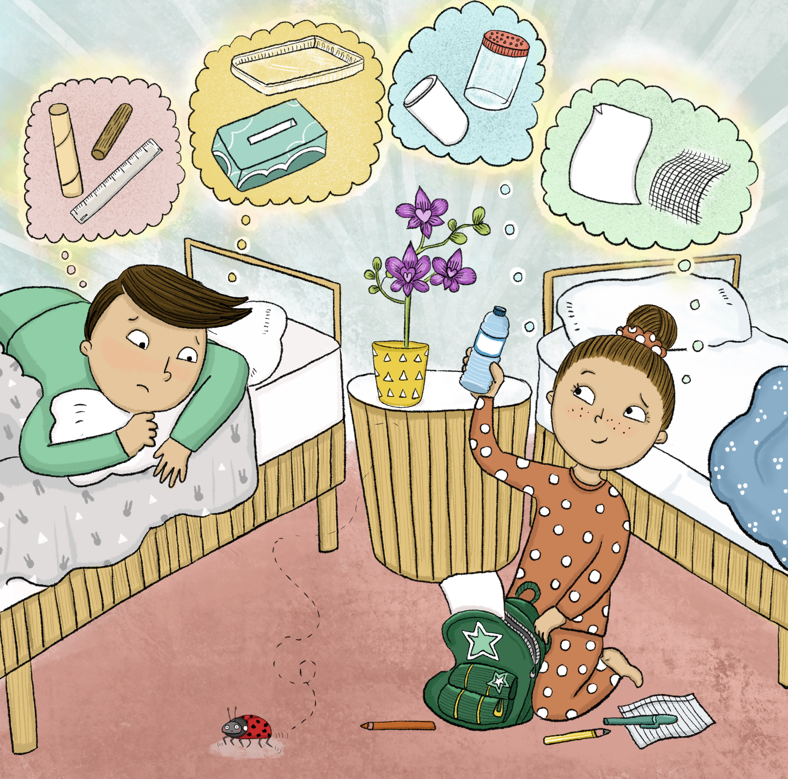 Two kids and a bug are in a bedroom. The boy has light skin and dark brown hair. He is wearing green pajamas, lying on a bed, and looking down at the bug. The girl has light skin and medium brown hair. She is wearing polka-dot pajamas, kneeling on the floor, and holding a backpack and a water bottle. The boy is thinking about a cardboard tube, stick, a ruler, a box of tissues, and a tray. The girl is thinking about a cup, a jar, a piece of mesh, and a piece of paper.