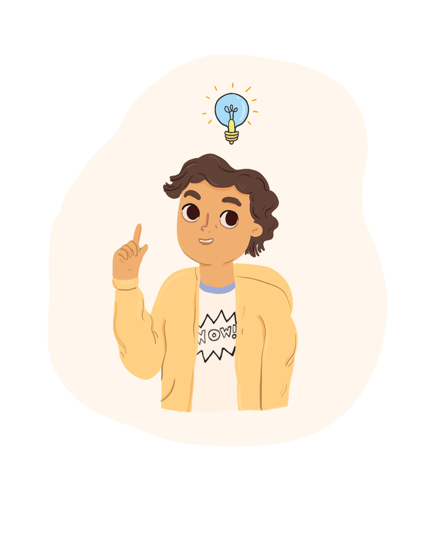 Luis looking excited, a lightbulb, representing a great idea, is hovering over his head