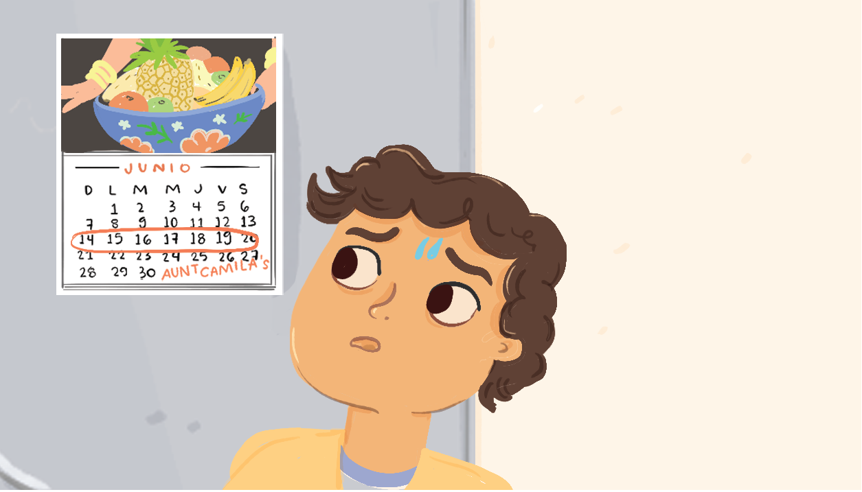 A boy with light brown skin, curly hair, and a yellow hoodie looks with concern at a calendar on the wall. A week is circled on the calendar with "Aunt Camila's" written next to it.