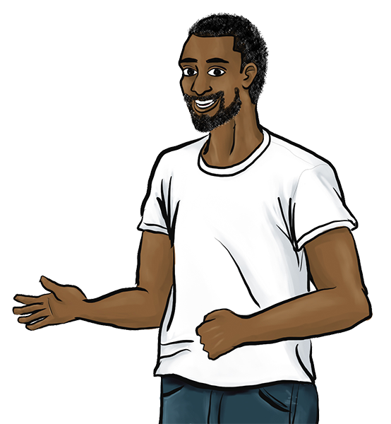 Cartoon portrait of Andre from the Pass the Peppers EDP activity. He has dark skin and close cropped, dark hair with a beard. He wears a white tshirt and jeans.