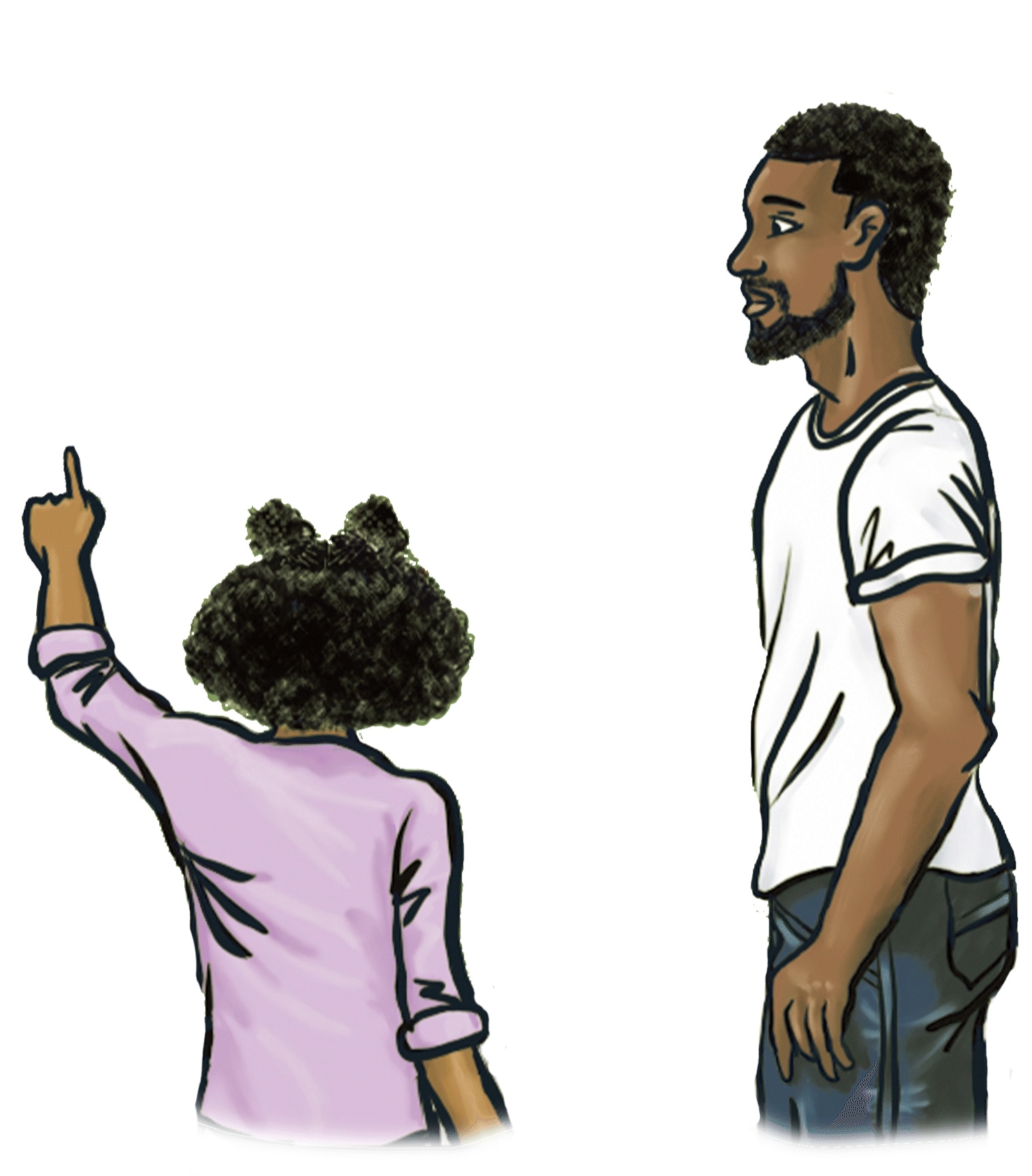 A man looking at his child who is pointing at something above her head.