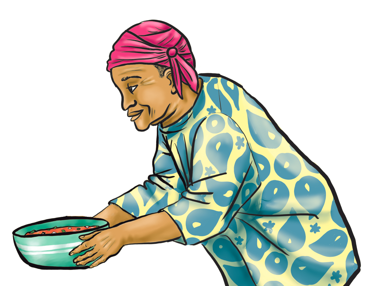 A colorful cartoon drawing of an older person handing a bowl to someone. 