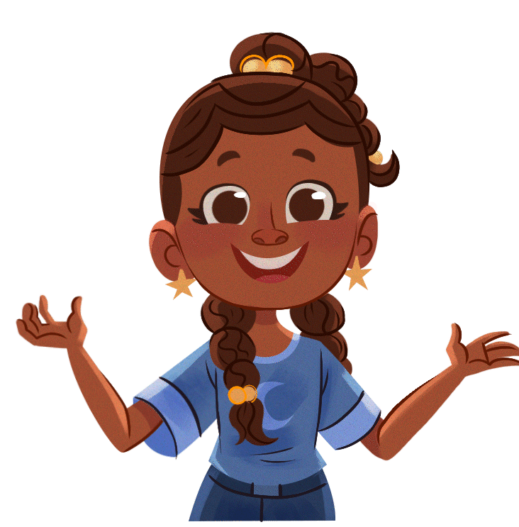 Bia, an animated young girl with long, black braids, gestures excitedly.