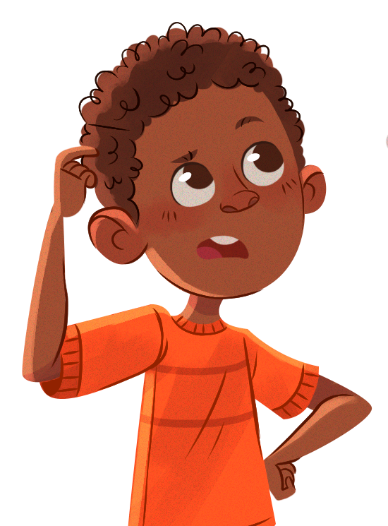 A colorful cartoon portrait of a kid with dark skin and an orange shirt, thinking about something while scratching their head. 