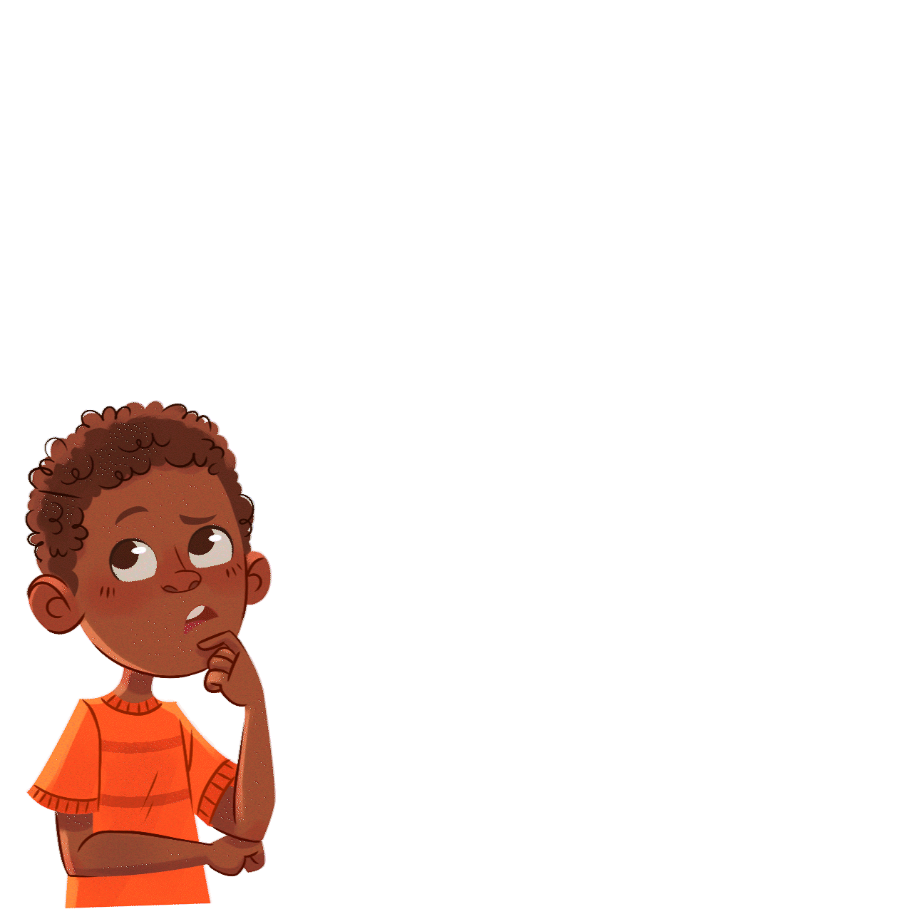 A colorful cartoon portrait of a kid with dark skin and an orange shirt, looking pensive as a though bubble appears above his head.a