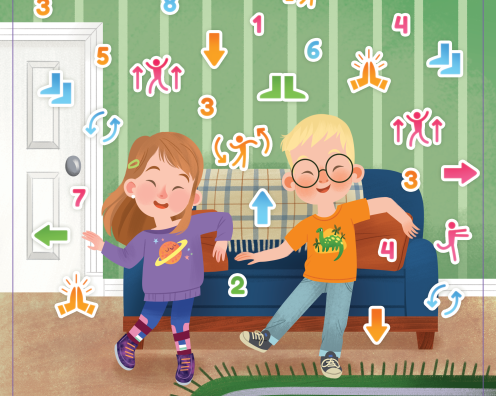 Tricia and Eddie dance in their living room, surrounded by colorful instruction symbols