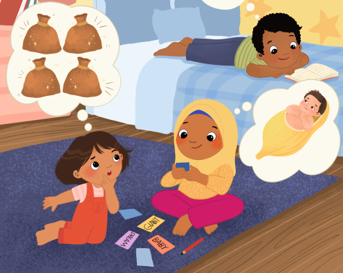 The three children from the "A Story to Remember" computer science activity are in their bedroom imagining stories. Each has a thought bubble with an idea: a giant, an infant, and four mysterious bags.