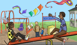 A colorful cartoon drawing of two kids on a seesaw with kites flying above them.