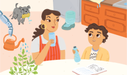 Luis y su mamá Guadalupe de la actividad de ingeniería "¡Mantenlas regadas!" se sientan en la mesa de una cocina donde un brazo mecánico riega su planta de tomate.