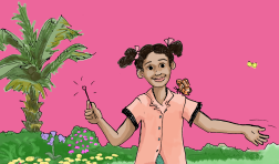 A colorful cartoon drawing of a butterfly landing on a kid wearing a pink shirt and pigtails. They wave a baton and the background is pink and tropical.