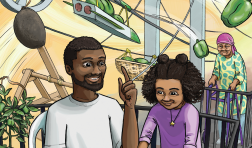 Makayla and her dad, Andre, from the "Pass the peppers" engineering activity sit at a table with a paper and pencil and engineer a solution that will pass peppers from their porch to Makayla's Grandma’s. Grandma stands behind them and green peppers float above them.