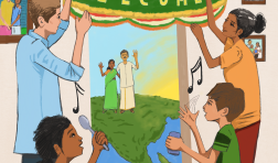 Una colorida imagen dibujada de la familia de la actividad de ingeniería "Sonidos de celebración". Purna, Ved y sus padres cantan y tocan instrumentos caseros mientras dos personas afuera de una ventana se paran en un mapa de la India.