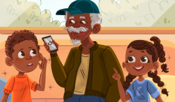 A boy, a man, and a girl sit on a couch. The boy has light brown skin and brown hair. He wears an orange shirt and blue shorts, and he is cupping a hand to his ear. The man is elderly and has dark brown skin, white hair, and a white moustache and goatee. He wears a blue baseball cap, brown jacket, yellow shirt, and blue pants. The girl has brown skin and dark brown hair in braids. The is wearing a blue shirt and blue shorts, and she is pointing one finger into the air and smiling.