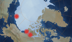Un mapa del Ártico con tres puntos rojos en diferentes lugares alrededor del Círculo Polar Ártico