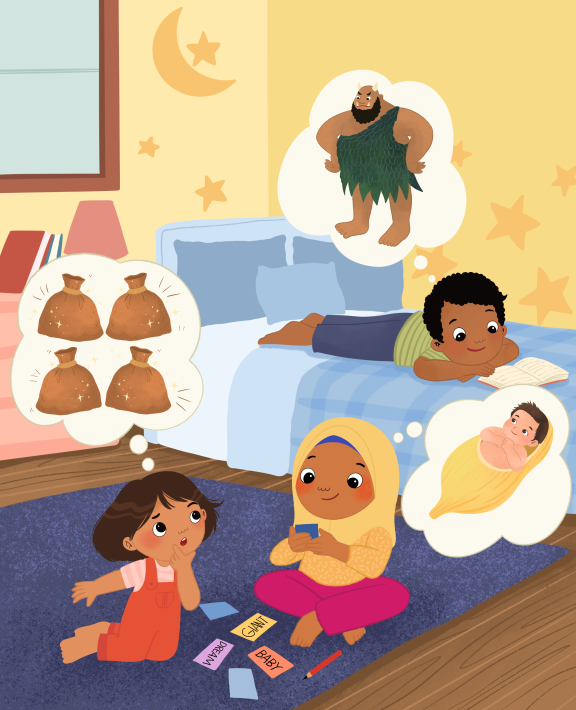 Three kids in their bedroom imagining stories. Each has a thought bubble with an idea: a giant, an infant, and four mysterious bags.