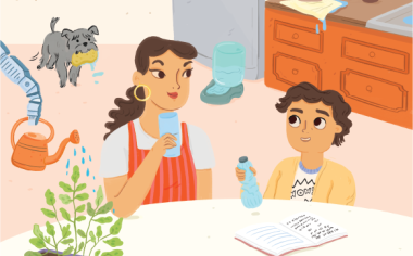 Luis y su mamá Guadalupe de la actividad de ingeniería "¡Mantenlas regadas!" se sientan en la mesa de una cocina donde un brazo mecánico riega su planta de tomate.
