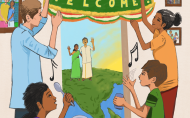 A colorful drawn picture of the family from the "Sounds of Celebration" engineering activity. Purna, Ved, and their parents sing and play homemade instruments while two people outside a window stand on a map of India.